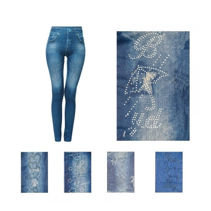 Colanti tip blugi cu pietricele, fara nasturi, albastru