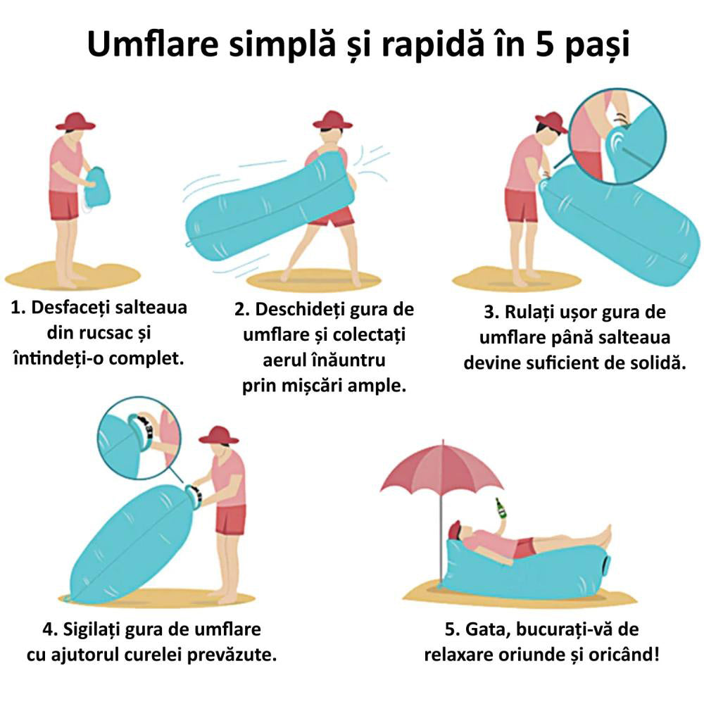 Saltea portabila, gonflabila tip sezlong, rucsac depozitare