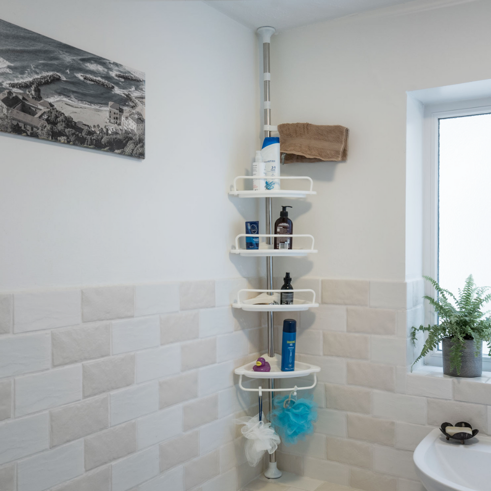 Organizator reglabil tip coltar pentru baie si dus, 4 rafturi