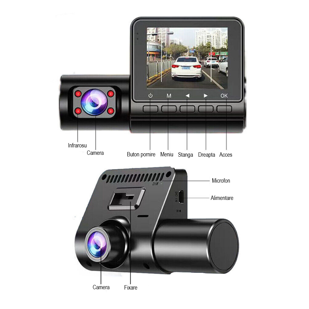 Camera auto tripla DVR, 1080P, ecran 2.4'', inregistrare automata