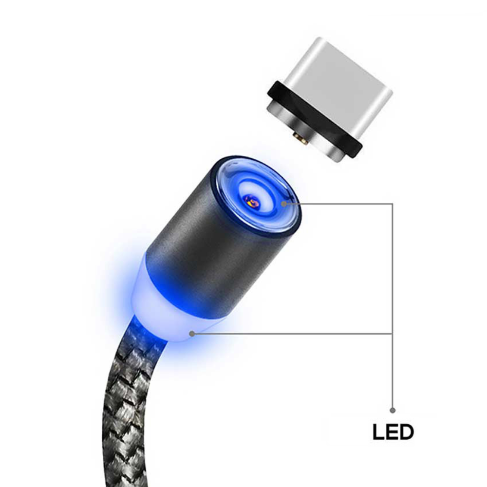 Cablu incarcare magnetic LED, Android, iOS, tip C, negru
